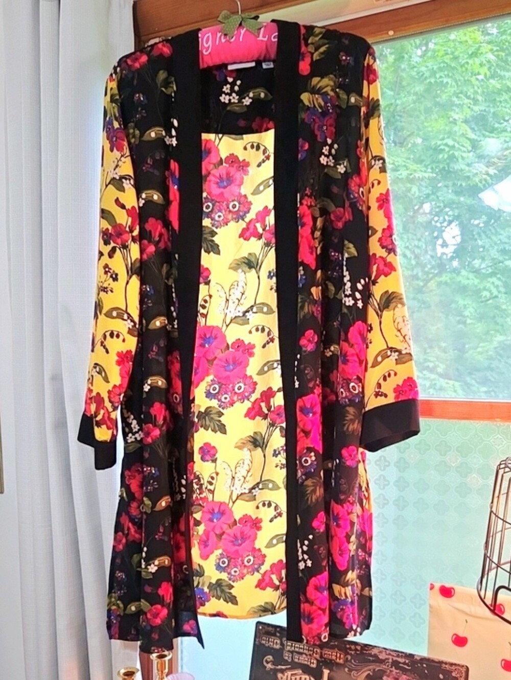 Floral Open-Front Kimono Cardigan - Black & Yellow with Red Floral